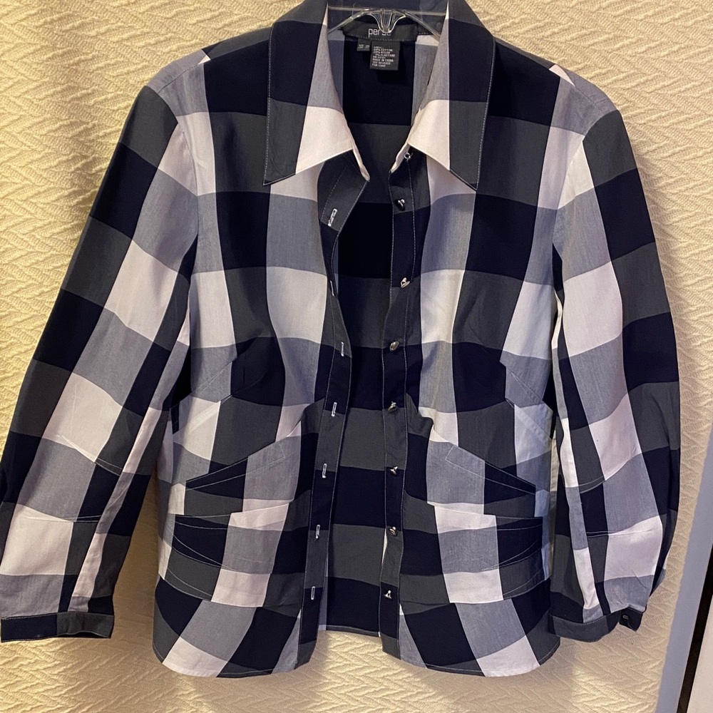 Per Se Black and White Checkered Button-Front Blouse